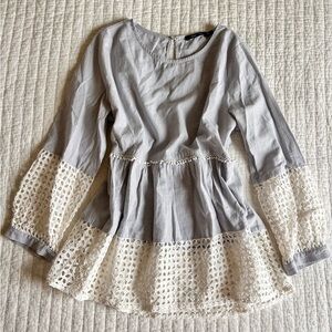 Doe & Rae Stripped Laced Trim Peplum Blouse